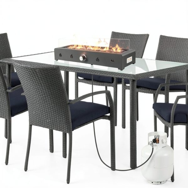 Onlyfire 28'' Tabletop Fire Pit Table, Propane Gas Firepit Bottom Mounted for Table with Umbrella Hole, Glass Wind Guard and Lava Rock, Outdoor Rectangular Smokeless Fireplace-7