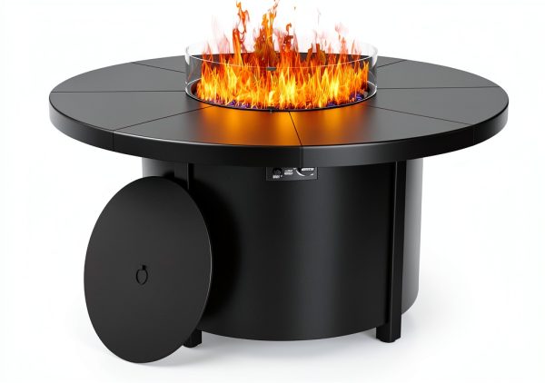 48 inch Round Propane Fire Pit Trumbeak Tabletop Lid & Windproof Glass-0