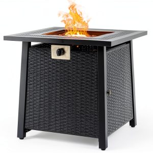Propane Fire Pit Table,Out Door Fire Pits & Fireplaces,Gas Fire Pit with Lid and Lava Rock.Square Black Fire Pit Table on Patio Deck & Garden Backyard. (Raven Black, 28-inch)-0