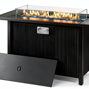 45 Inch Propane Fire Pit Table, 50,000 BTU Outdoor Gas Fire Pit for Patio & Backyard, 2-in-1 Firepit Dining Table with Glass Wind Guard, Blue Glass Rocks & Waterproof Cover, Grey-0