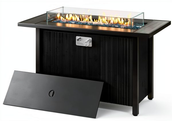 45 Inch Propane Fire Pit Table, 50,000 BTU Outdoor Gas Fire Pit for Patio & Backyard, 2-in-1 Firepit Dining Table with Glass Wind Guard, Blue Glass Rocks & Waterproof Cover, Grey-0