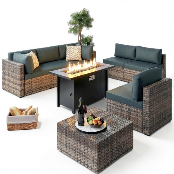 45 Inch Propane Fire Pit Table, 50,000 BTU Outdoor Gas Fire Pit for Patio & Backyard, 2-in-1 Firepit Dining Table with Glass Wind Guard, Blue Glass Rocks & Waterproof Cover, Grey-5