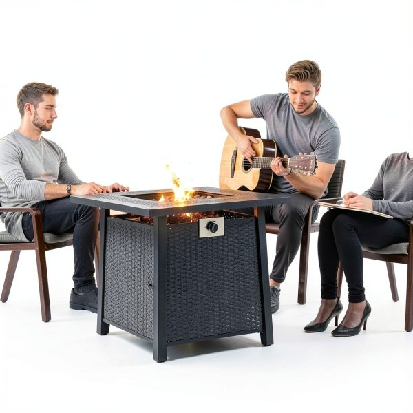 Propane Fire Pit Table,Out Door Fire Pits & Fireplaces,Gas Fire Pit with Lid and Lava Rock.Square Black Fire Pit Table on Patio Deck & Garden Backyard. (Raven‌ Black, 28-inch)-5