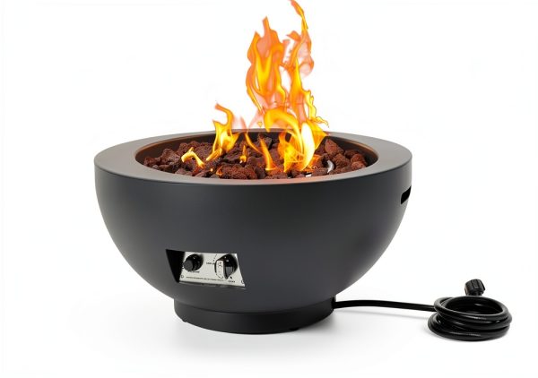 28-Inch Propane Fire Pit with Natural Gas Conversion Kit, 58,000 BTU Round Gas Fire Pit Table, Outdoor Fire Bowl Firepit with Lid, Lava Rocks, Cover, Pre-Attached 10FT Propane Hose, Gray-2