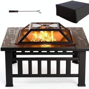 Fire Pit Tuoze 32 Inch Outdoor Metal Table with Waterproof Cover Black-0