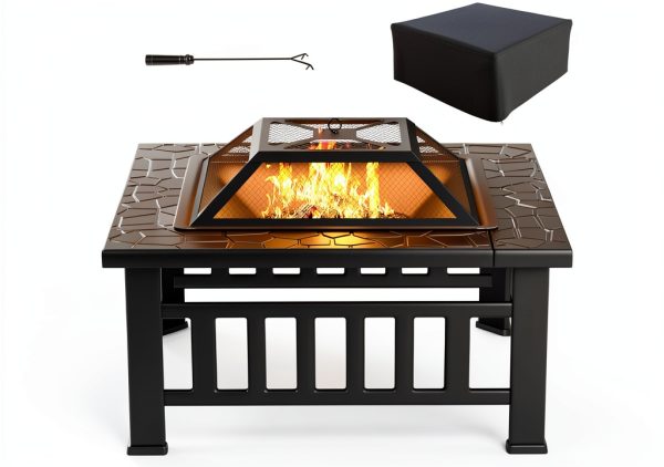 Fire Pit Tuoze 32 Inch Outdoor Metal Table with Waterproof Cover Black-0