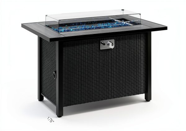 45 Inch Propane Fire Pit Table, 50,000 BTU Outdoor Gas Fire Pit for Patio & Backyard, 2-in-1 Firepit Dining Table with Glass Wind Guard, Blue Glass Rocks & Waterproof Cover, Grey-1