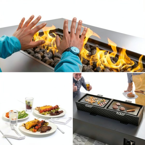 FLOOORE 42 Inch Propane Fire Pit Table Black with Griddle Wind Guard-1