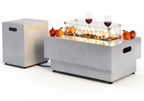 IRONCK 43-inch Outdoor Propane Fire Pit Table w Tank Table, CSA Certified, 2 in 1 Rectangular Patio Fire Pit w Glass Rocks, Wind Guard and Cover, 50000 BTU Outdoor Heater for Garden, Pool, White-2