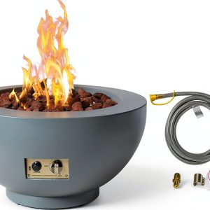 28-Inch Propane Fire Pit with Natural Gas Conversion Kit, 58,000 BTU Round Gas Fire Pit Table, Outdoor Fire Bowl Firepit with Lid, Lava Rocks, Cover, Pre-Attached 10FT Propane Hose, Gray-0