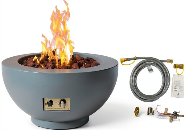 28-Inch Propane Fire Pit with Natural Gas Conversion Kit, 58,000 BTU Round Gas Fire Pit Table, Outdoor Fire Bowl Firepit with Lid, Lava Rocks, Cover, Pre-Attached 10FT Propane Hose, Gray-0