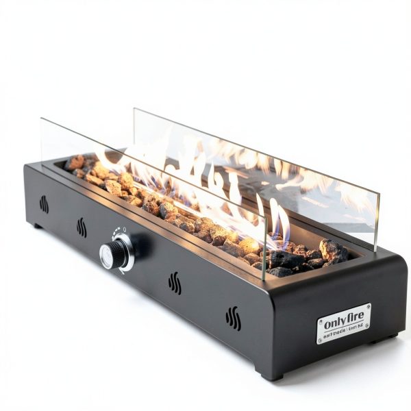 Onlyfire 28'' Tabletop Fire Pit Table, Propane Gas Firepit Bottom Mounted for Table with Umbrella Hole, Glass Wind Guard and Lava Rock, Outdoor Rectangular Smokeless Fireplace-2