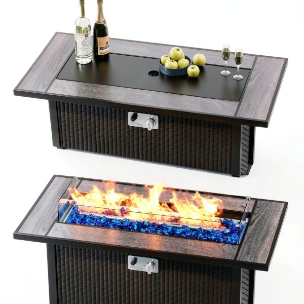 45 Inch Propane Fire Pit Table, 50,000 BTU Outdoor Gas Fire Pit for Patio & Backyard, 2-in-1 Firepit Dining Table with Glass Wind Guard, Blue Glass Rocks & Waterproof Cover, Grey-6
