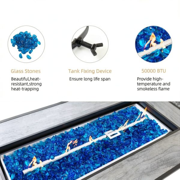 45 Inch Propane Fire Pit Table, 50,000 BTU Outdoor Gas Fire Pit for Patio & Backyard, 2-in-1 Firepit Dining Table with Glass Wind Guard, Blue Glass Rocks & Waterproof Cover, Grey-3