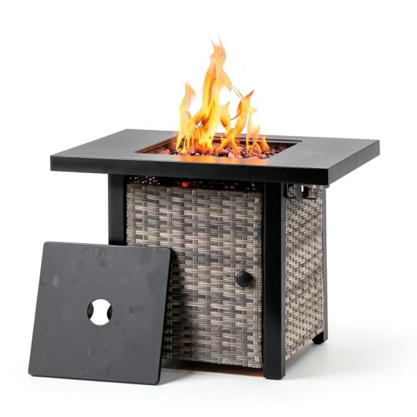 32 Inch Propane Fire Pit Table, Outdoor Gas Fire Pits with 2 Drink Holders, Lid & Lava Rock, 50000 BTU Firepit Table for Dinning, Party in Outside, Patio, Garden or Yard-5