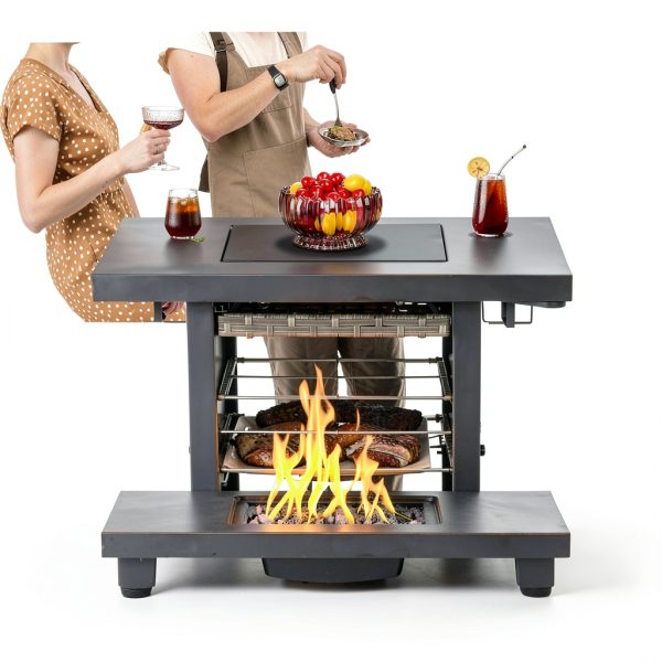 32 Inch Propane Fire Pit Table, Outdoor Gas Fire Pits with 2 Drink Holders, Lid & Lava Rock, 50000 BTU Firepit Table for Dinning, Party in Outside, Patio, Garden or Yard-2